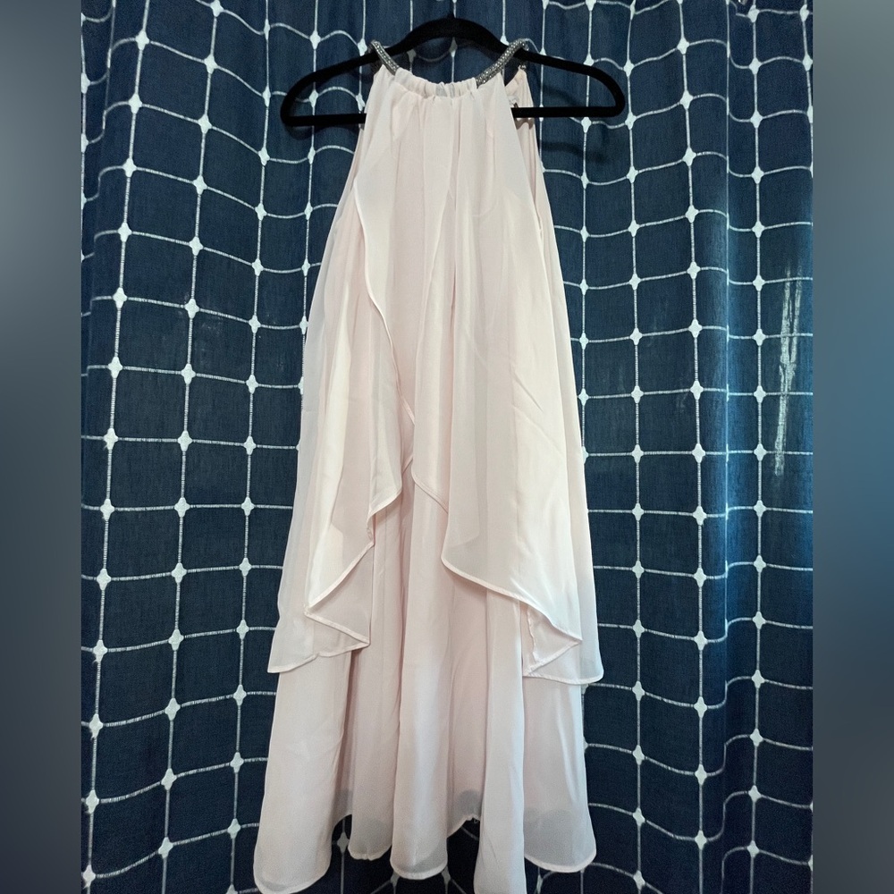Blush Pink Layered Chiffon Halter Dress | Size 8 | Sparkle Strap Detail